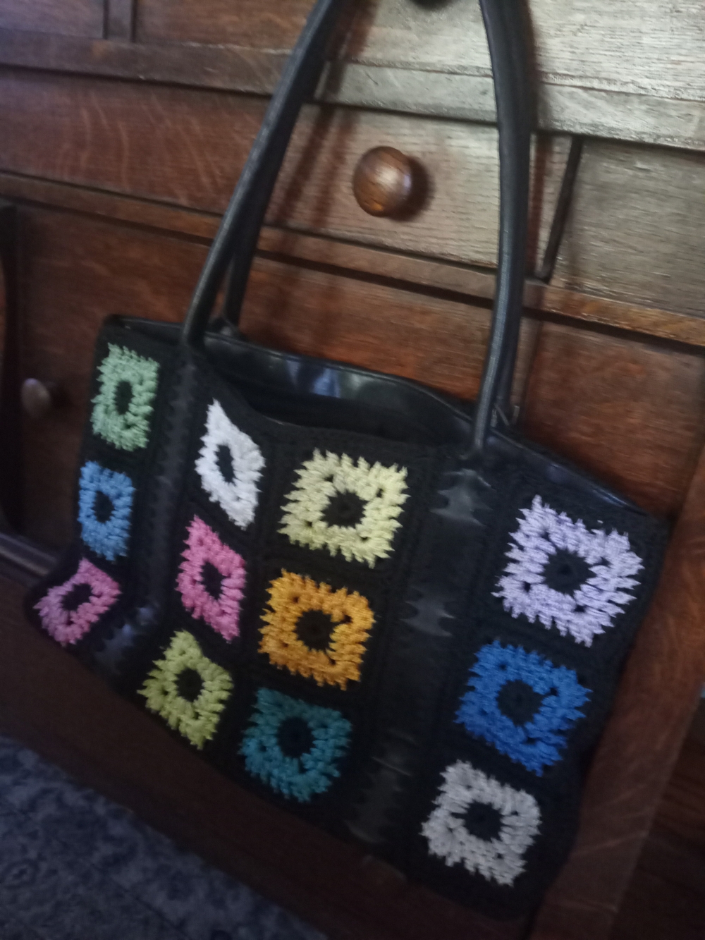 The Sak Black Tote with Multicolor Crochet Squares